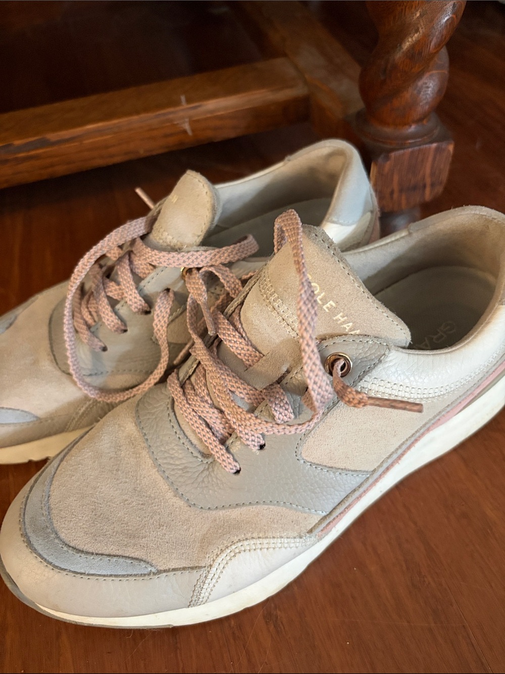 Cole Haan Men’s Beige Suede and Leather Sneakers with Light Pink Laces
